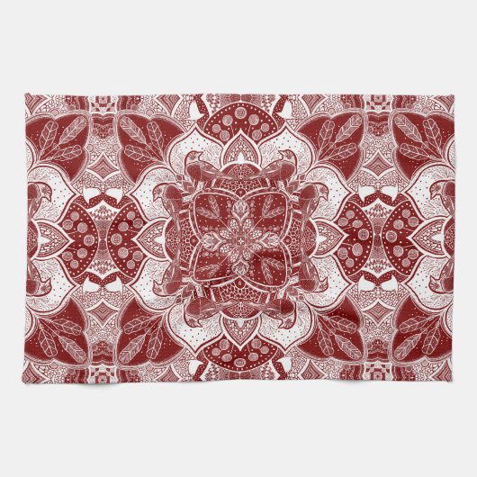 Intricate Robins Bird Mandala Hand-Drawn キッチンタオル (横)