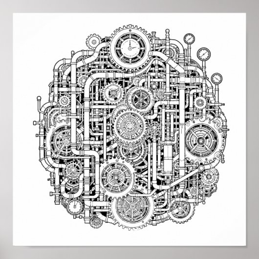 Intricate Steampunk Decoupage Template Line Art ポスター (正面)