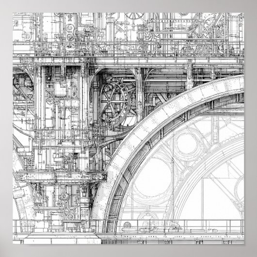Intricate Steampunk Scaffolding Technical Line Art ポスター (正面)