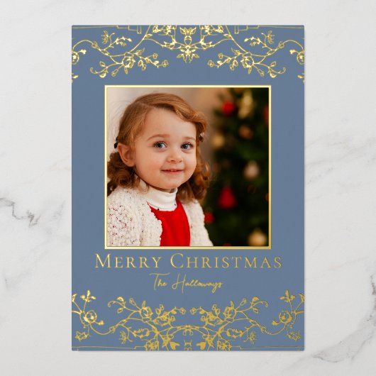 Intricate Vines Blue Gold Foil Holiday Card 箔シーズンカード (正面)