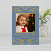 Intricate Vines Blue Gold Foil Holiday Card 箔シーズンカード (立ち正面)