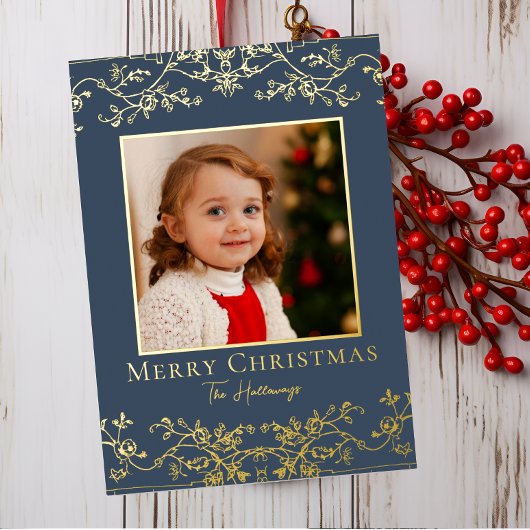 Intricate Vines One Photo Gold Foil Holiday Card 箔シーズンカード