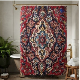 Intricately Woven Persian Rug Red Floral シャワーカーテン