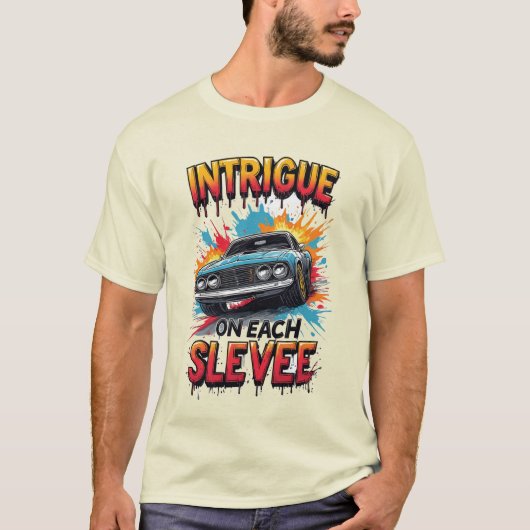 🏎️ Intrigue Each Sleeve Fiery Sports Car Speed Tシャツ (正面)