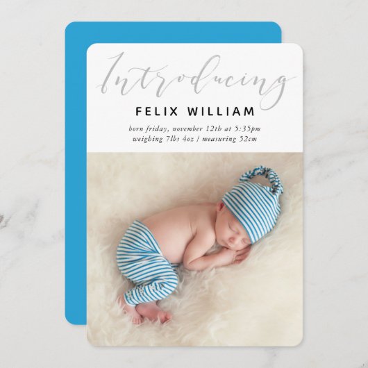 INTRODUCING新生児かわいい書道フォトブルー 案内状 (正面/裏面)