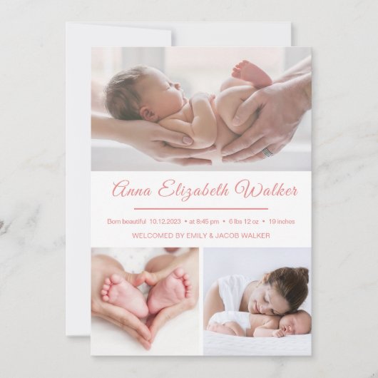 Introducing 生まれたばかりの Baby Girl誕生統計3 Photo 案内状 (正面)