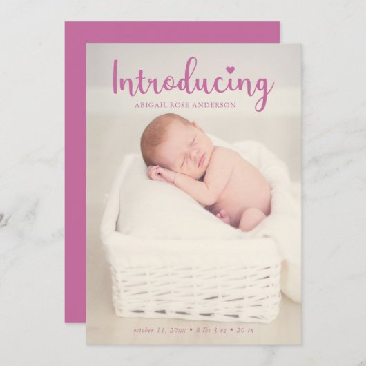 Introducing Handレタリングピンクベビーガールエレガント 案内状 (正面/裏面)