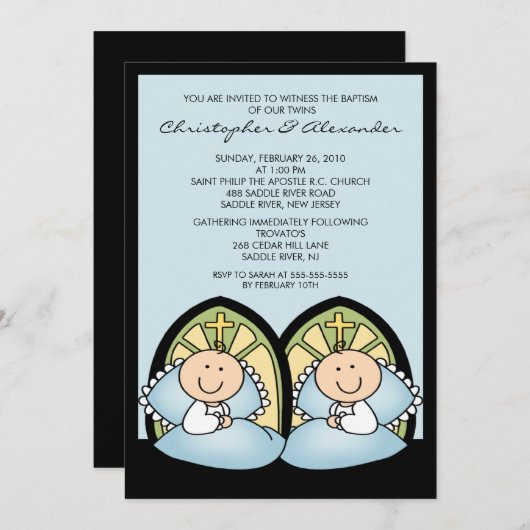 Inviationに洗礼を施すかわいい対の男の子の洗礼 招待状 (正面/裏面)