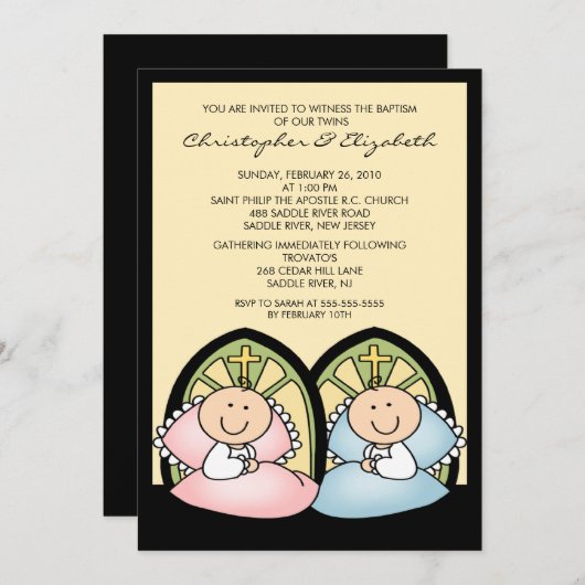 Inviationに洗礼を施すかわいい対の男の子及び女の子の洗礼 招待状 (正面/裏面)