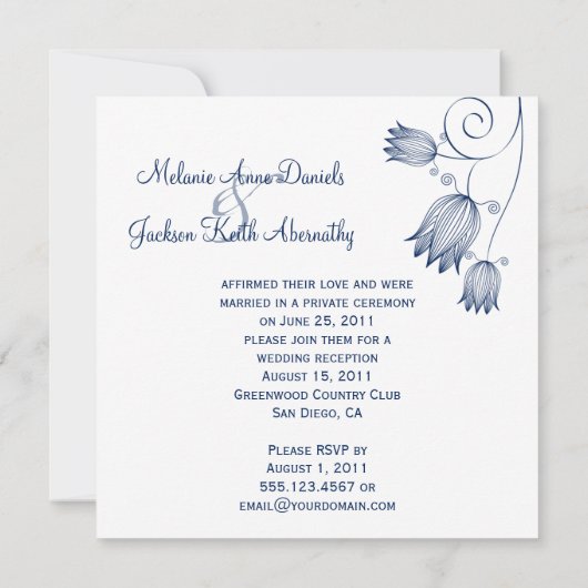 Invitaを結婚する海軍花柄の渦巻の白いポスト 招待状 (裏面)