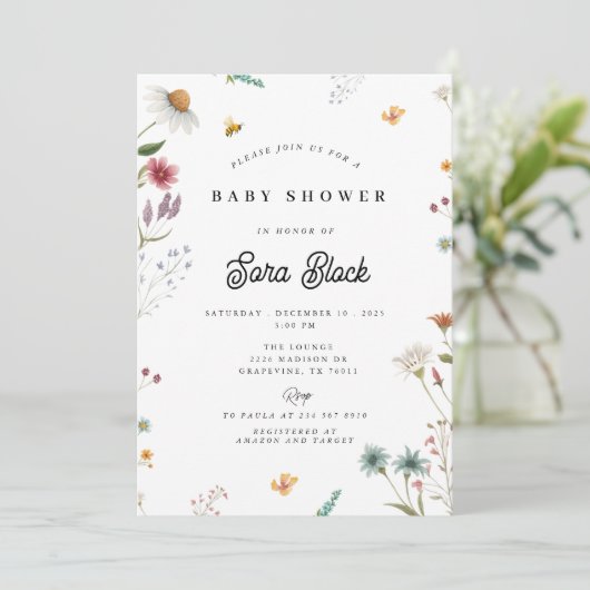 Invitación a Baby Shower con flores silvestres 招待状 (スタンド正面)