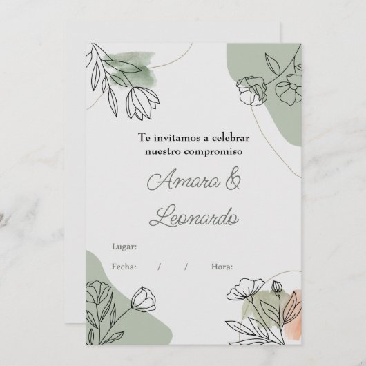 Invitación a compromiso o boda con flores 招待状 (正面/裏面)