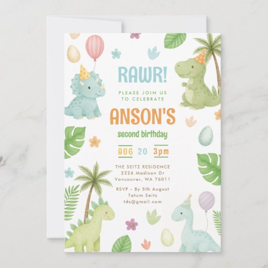 Invitación a la fiesta de cumpleaños de Dinosaurio 招待状 (正面)