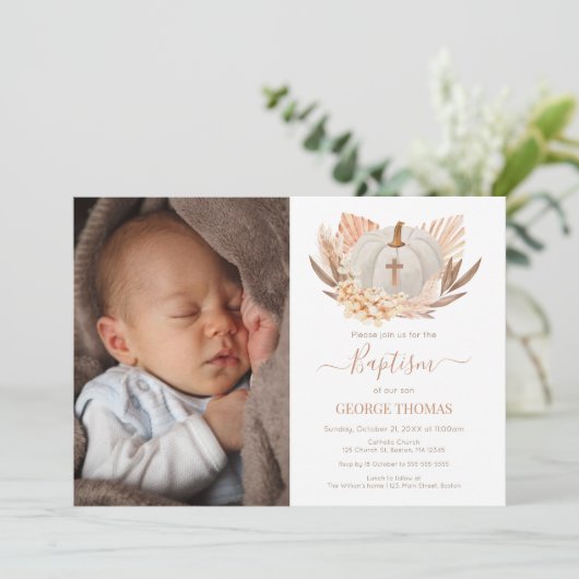 Invitación Baptism Boho white Pumpkin Photo Invita 招待状 (スタンド正面)