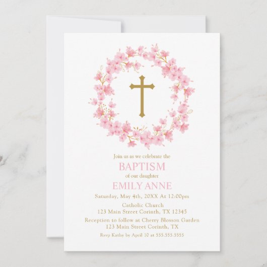 Invitación Baptism Cherry Blossom floral I 招待状 (正面)