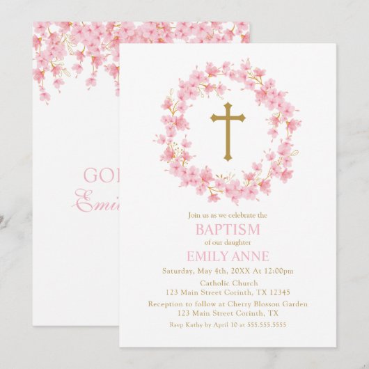 Invitación Baptism Cherry Blossom floral I 招待状 (正面/裏面)