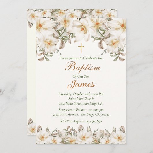 Invitacion Bautizo Flores Blancas 招待状 (正面/裏面)