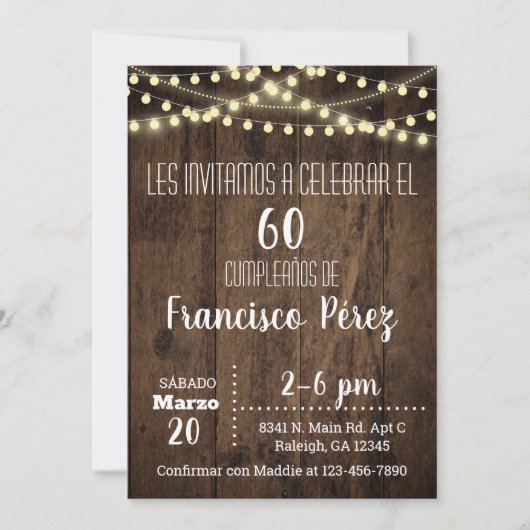 Invitación Birthday invitation, brown wood, lights 招待状 (正面)