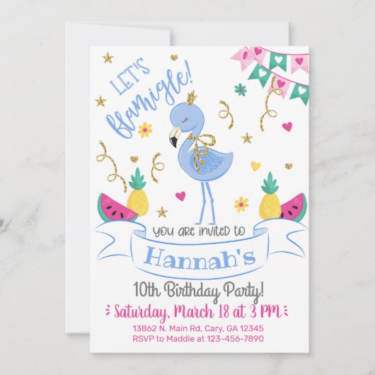 Invitación Blue flamingo, let's flamingle birthday 招待状 (正面)