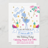 Invitación Blue flamingo, let's flamingle birthday 招待状 (正面/裏面)