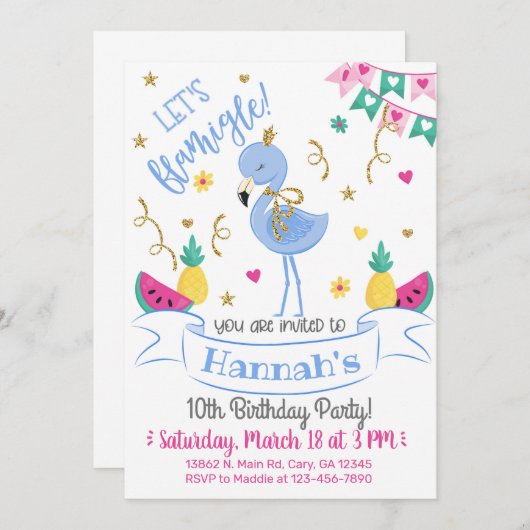 Invitación Blue flamingo, let's flamingle birthday 招待状 (正面/裏面)