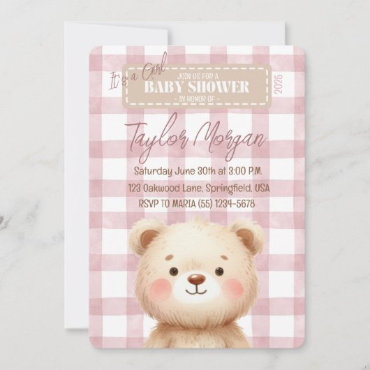 Invitación Blue Gingham Teddy Bear 招待状 (正面)