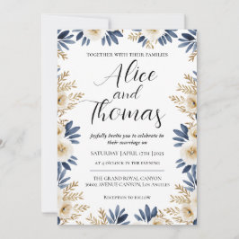 Invitación Boda Primavera Elegante Floral BlueGold 招待状