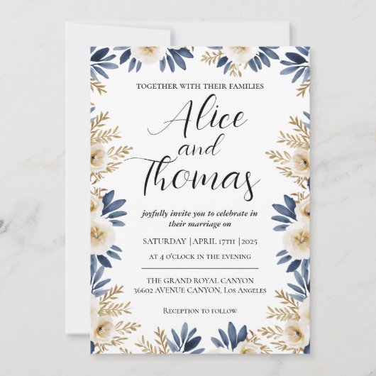 Invitación Boda Primavera Elegante Floral BlueGold 招待状 (正面)