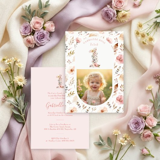 Invitación Boho Floral Number 1 Pink First Birthda 招待状