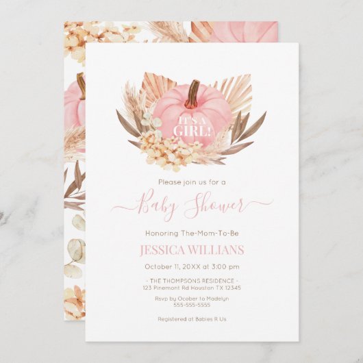 Invitación Boho Pampas Pumpkin pink baby shower 招待状 (正面/裏面)