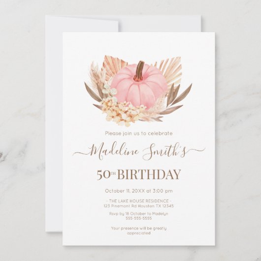 Invitación Boho Pink Pampas Grass Pumpkin Birthday 招待状 (正面)