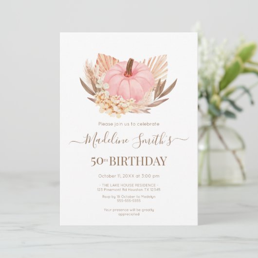 Invitación Boho Pink Pampas Grass Pumpkin Birthday 招待状 (スタンド正面)