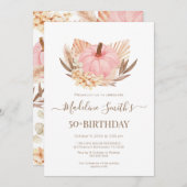 Invitación Boho Pink Pampas Grass Pumpkin Birthday 招待状 (正面/裏面)