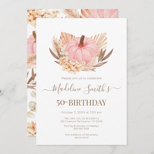 Invitación Boho Pink Pampas Grass Pumpkin Birthday 招待状 (正面/裏面)