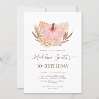 Invitación Boho Pink Pampas Grass Pumpkin Birthday 招待状