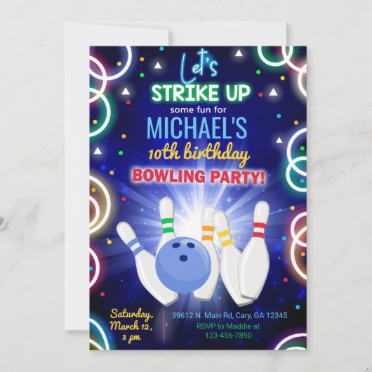 Invitación Bowling, strike up some fun, boy birthd 招待状 (正面)