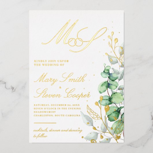 Invitación Con Relieve Metalizado Eucalyptus and g 箔招待状 (正面)