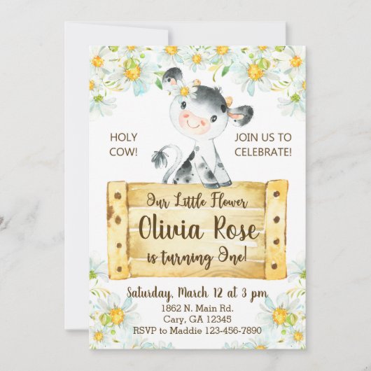 Invitación Cow and daisies girl 1st first birthday 招待状 (正面)