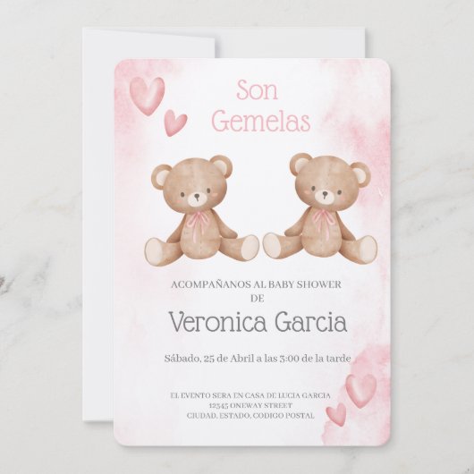 Invitacion de baby shower para gemelas tema osito 招待状 (正面)