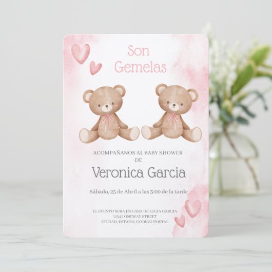 Invitacion de baby shower para gemelas tema osito 招待状 (スタンド正面)