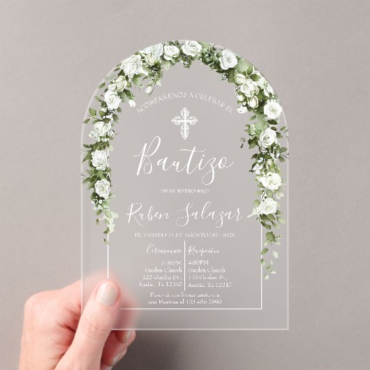 Invitación de bautismo acrílica con flores blancas アクリル招待状 (インサイチュ (ポータブル))