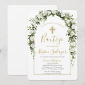 Invitación de bautismo con arco y flores blancas 招待状 (正面/裏面)