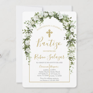 Invitación de bautismo con arco y flores blancas 招待状