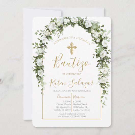 Invitación de bautismo con arco y flores blancas 招待状 (正面)