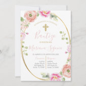 Invitación de bautismo floral rosa en español 招待状 (正面)
