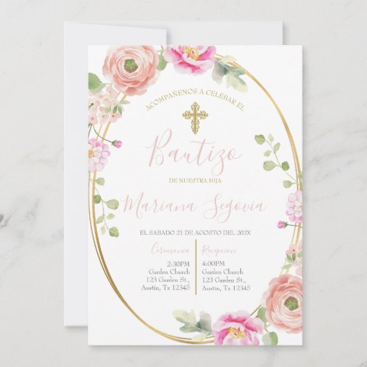 Invitación de bautismo floral rosa en español 招待状 (正面)