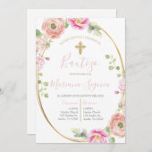 Invitación de bautismo floral rosa en español 招待状 (正面/裏面)