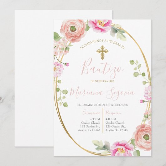 Invitación de bautismo floral rosa en español 招待状 (正面/裏面)