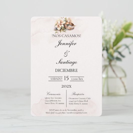 Invitación de boda beige con anillo 招待状 (スタンド正面)