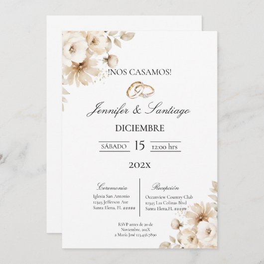 Invitación de boda con flor blanca 招待状 (正面/裏面)